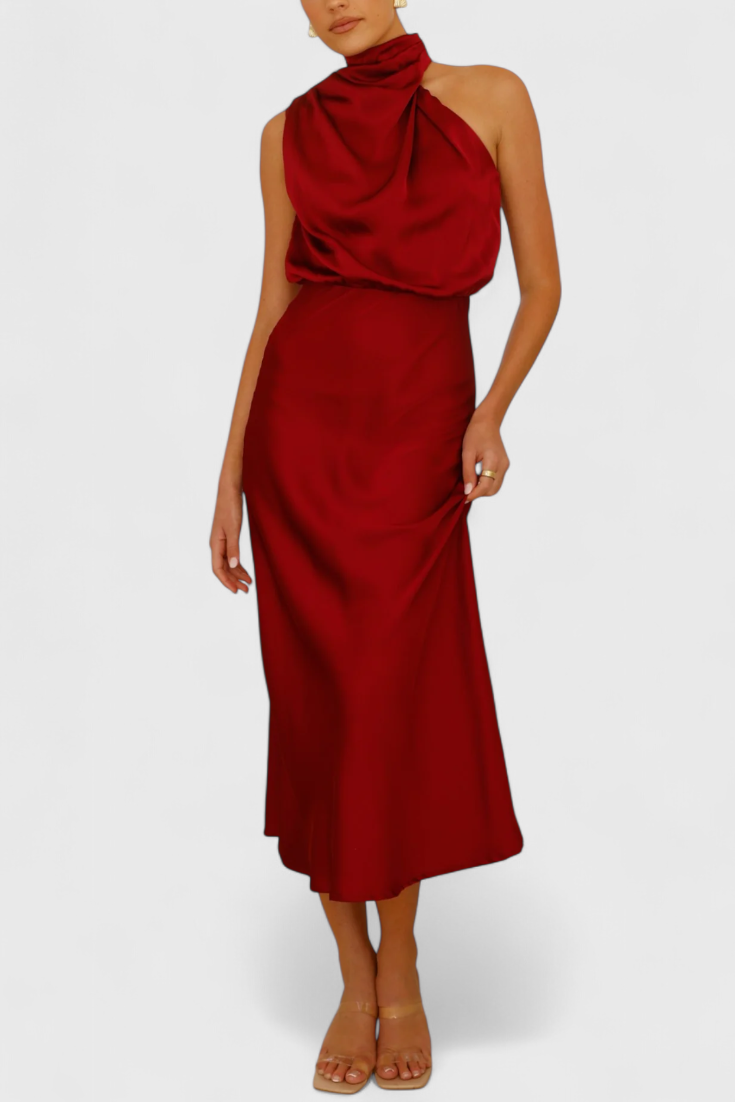 21 – Elegantne satenaste midi haljine s drapiranim halter-gornjim dijelom
