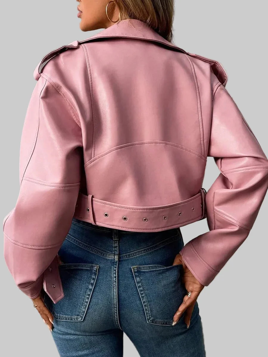 1 - Kratka jakna od eko kože s ovratnikom i remenom, biker stil