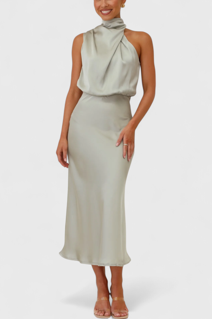 21 – Elegantne satenaste midi haljine s drapiranim halter-gornjim dijelom