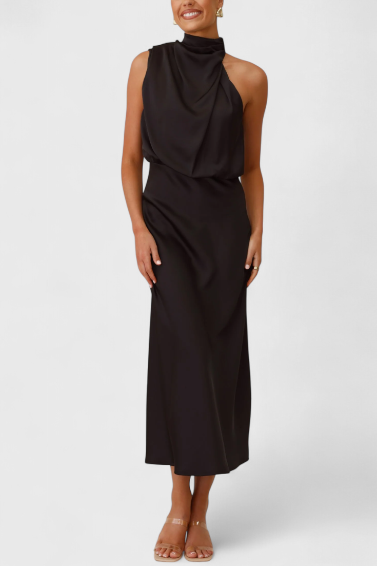 21 – Elegantne satenaste midi haljine s drapiranim halter-gornjim dijelom