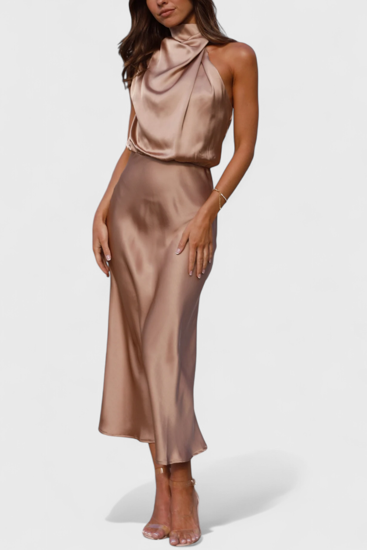 21 – Elegantne satenaste midi haljine s drapiranim halter-gornjim dijelom
