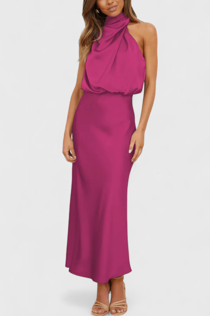 21 – Elegantne satenaste midi haljine s drapiranim halter-gornjim dijelom