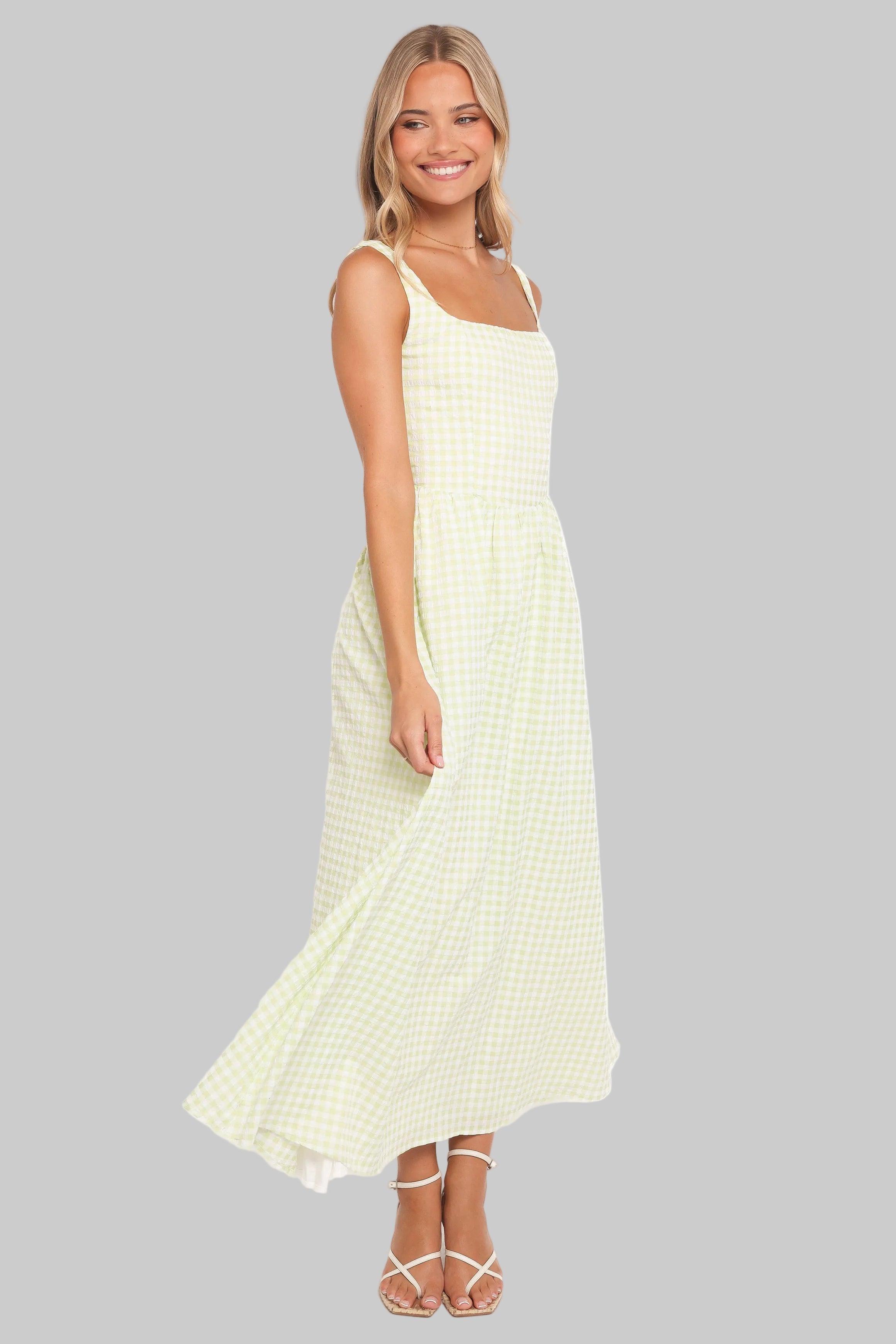 156 - Elegantna zelena karirana maxi haljina
