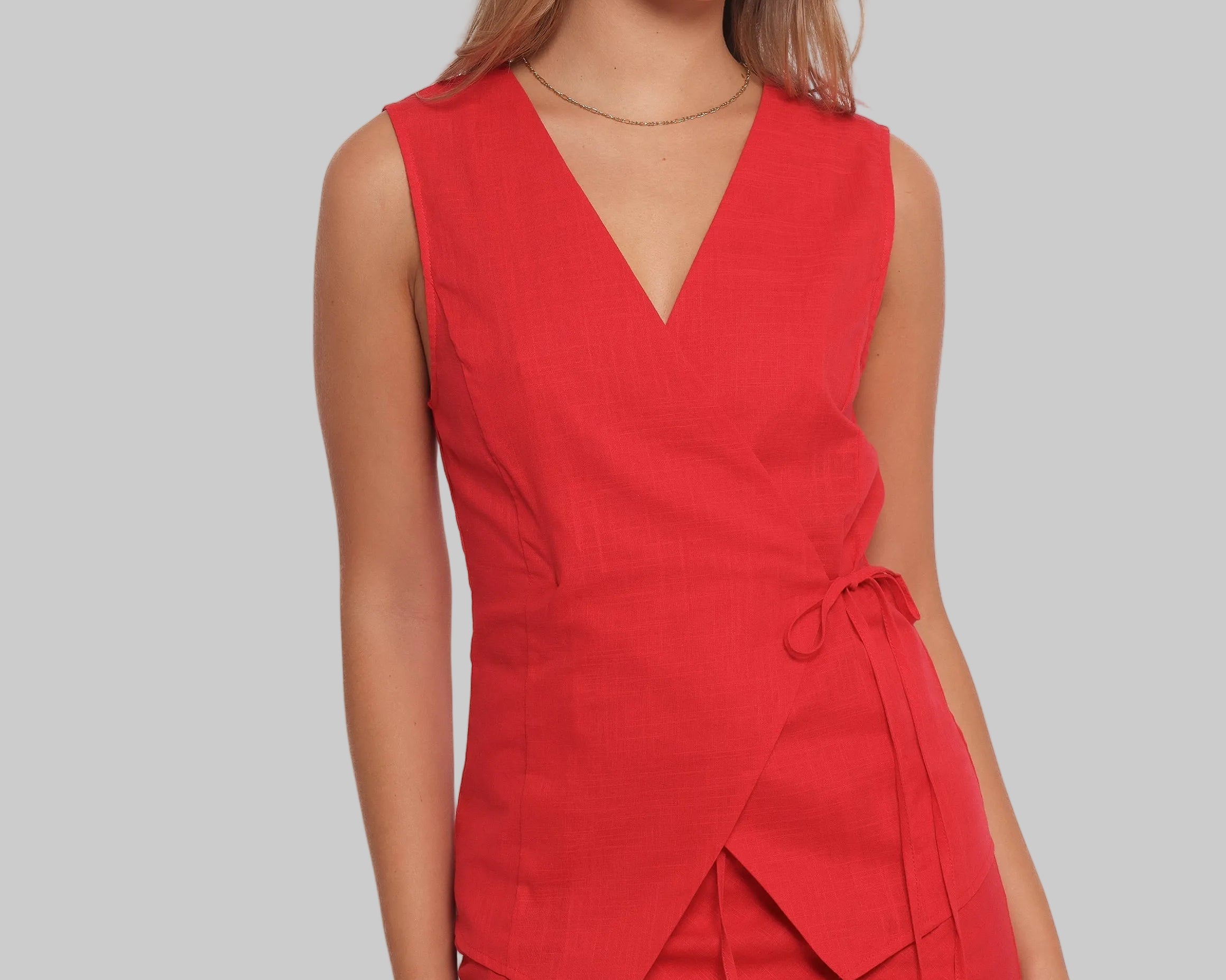 Amalia - Wrap Front Linen Top Crvena